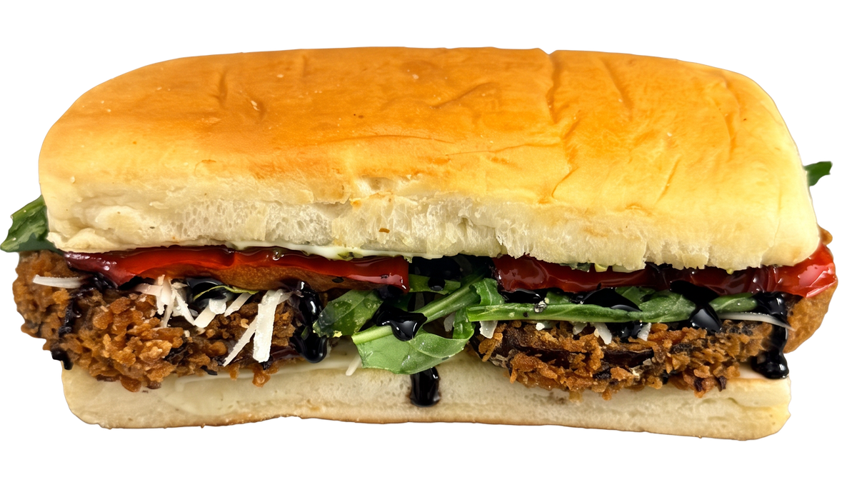 The Sicilian sandwich with crispy eggplant, roasted peppers and rocket
